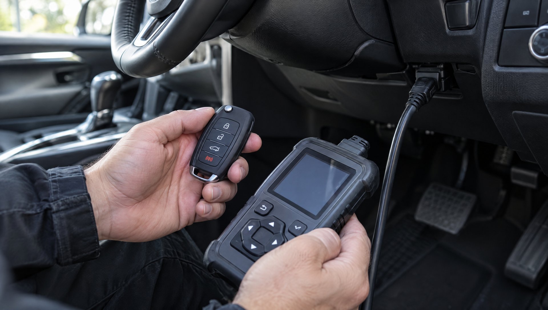 Locksmith programming a new car key fob with a tool plugged in under the dash