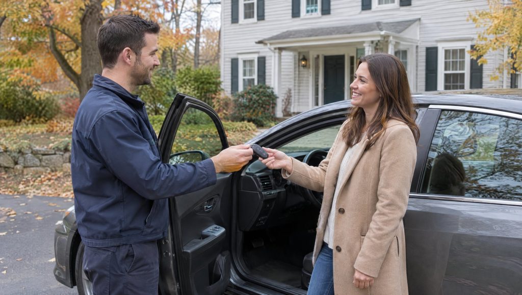 Mobile locksmith handing a new key fob to a car owner in her driveway